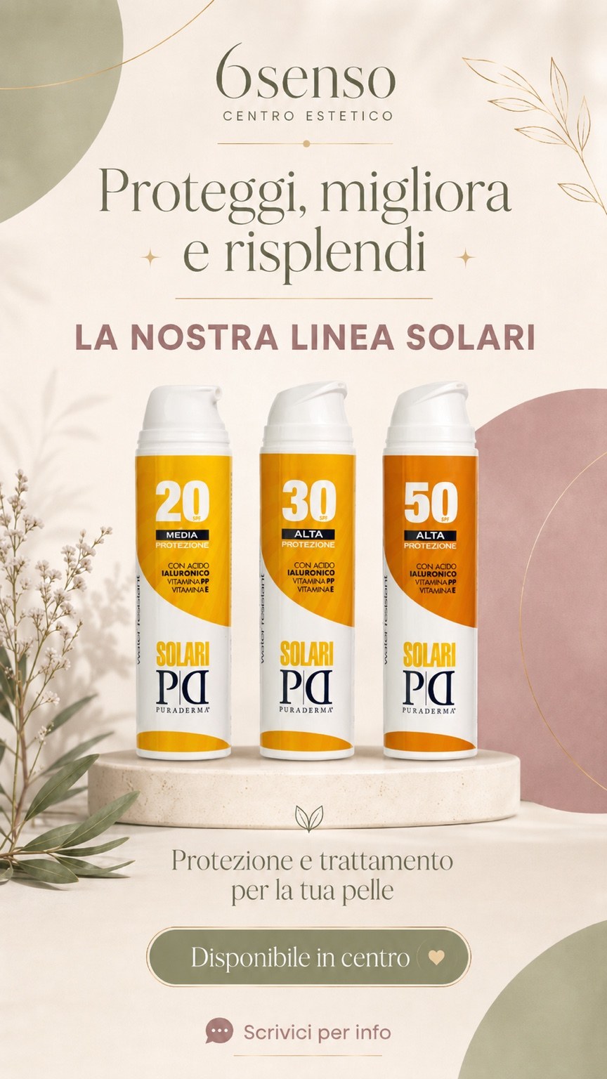 Linea solari disponibile al 6senso Centro Estetico con SPF 20, 30 e 50